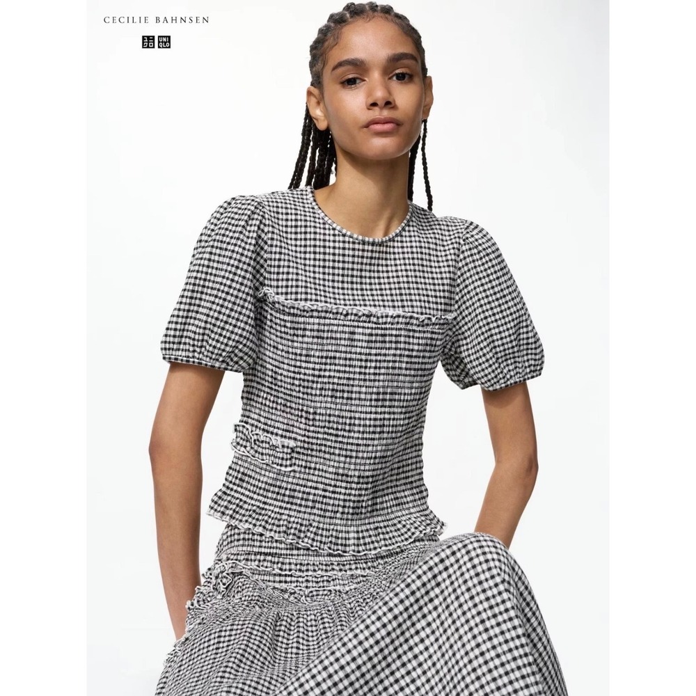 Cecilie Bahnsen x Uniqlo Gingham Shirred Ruffle Puff Sleeve Top Black White M